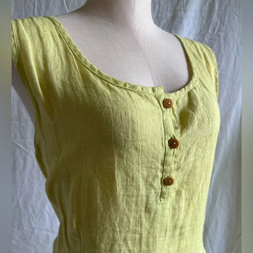 Flax Linen Lime Green Chartreuse Sleeveless Three Button Maxi Dress Size Large - Picture 6 of 16